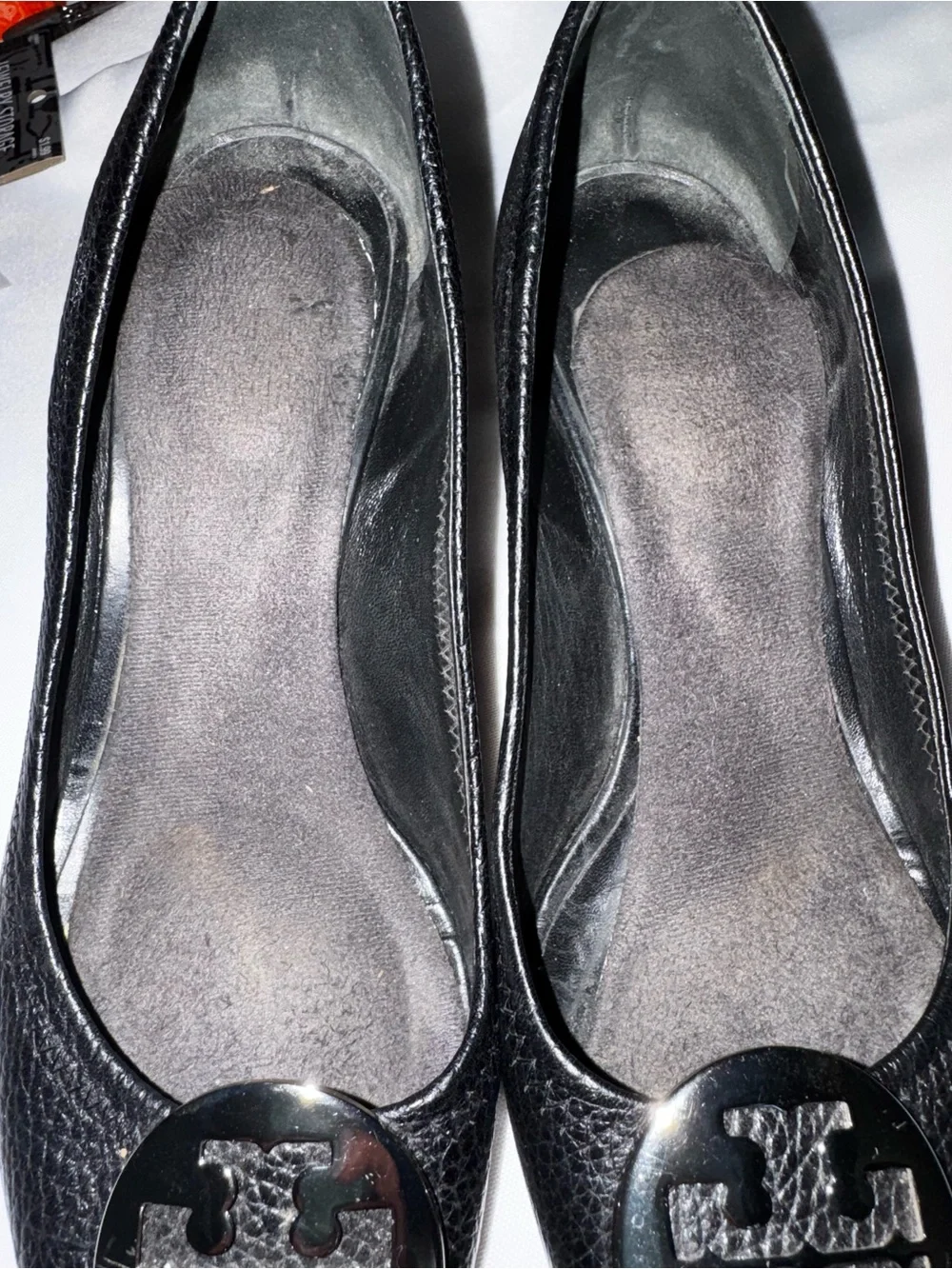 Tory Burch Black Leather Peep-Toe Flats with Silver Logo Medallions